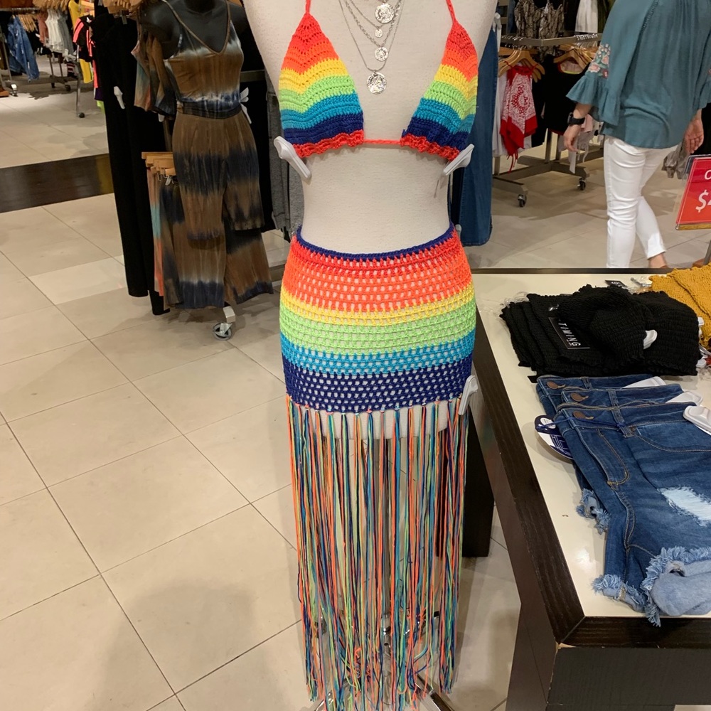 Rainbow crochet bathing top w/ matching skirt